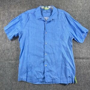 Tommy Bahama Linen Camp Collar Shirt Men's‎ Large Blue Short Sleeve Resort